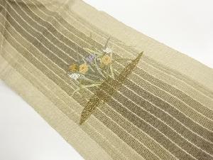 縞・花葉模様刺繍名古屋帯